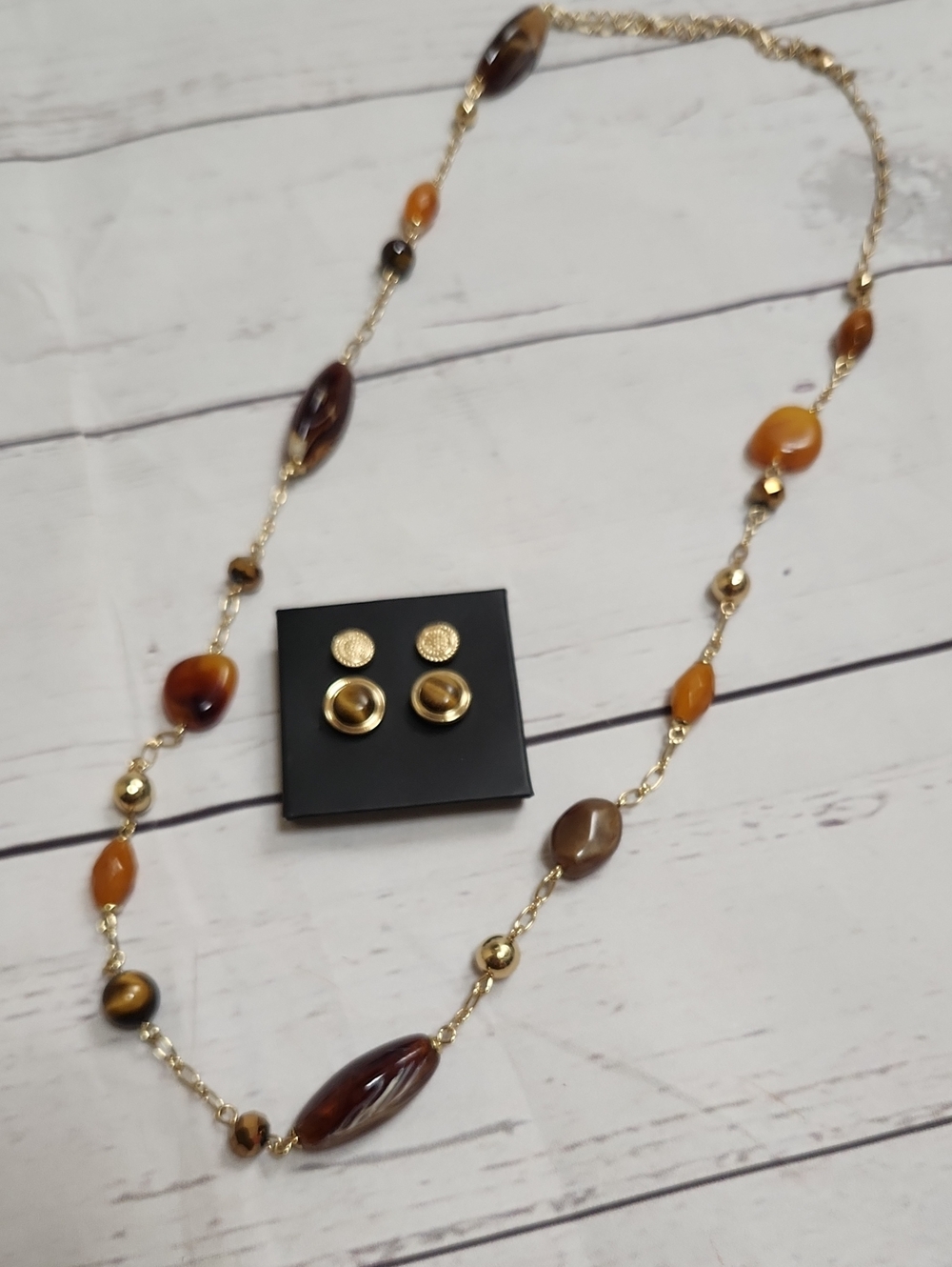 Gold-Tone Necklace and Earring Set with Brown and Amber Tone Beads